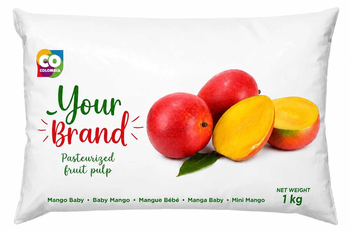 Baby Mango Pulp — 1 kg bag of pasteurized Colombian mango purée with no added sugar