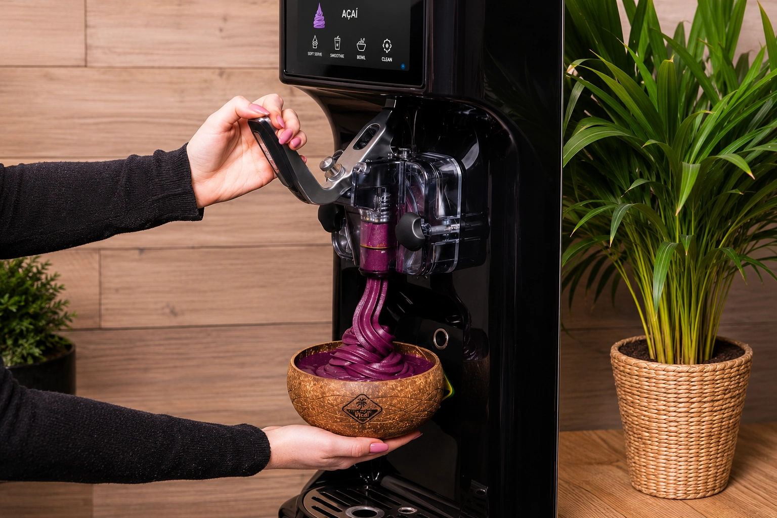 Soft serve machine dispensing açaí ice cream made from FoodsMas acai powder premix