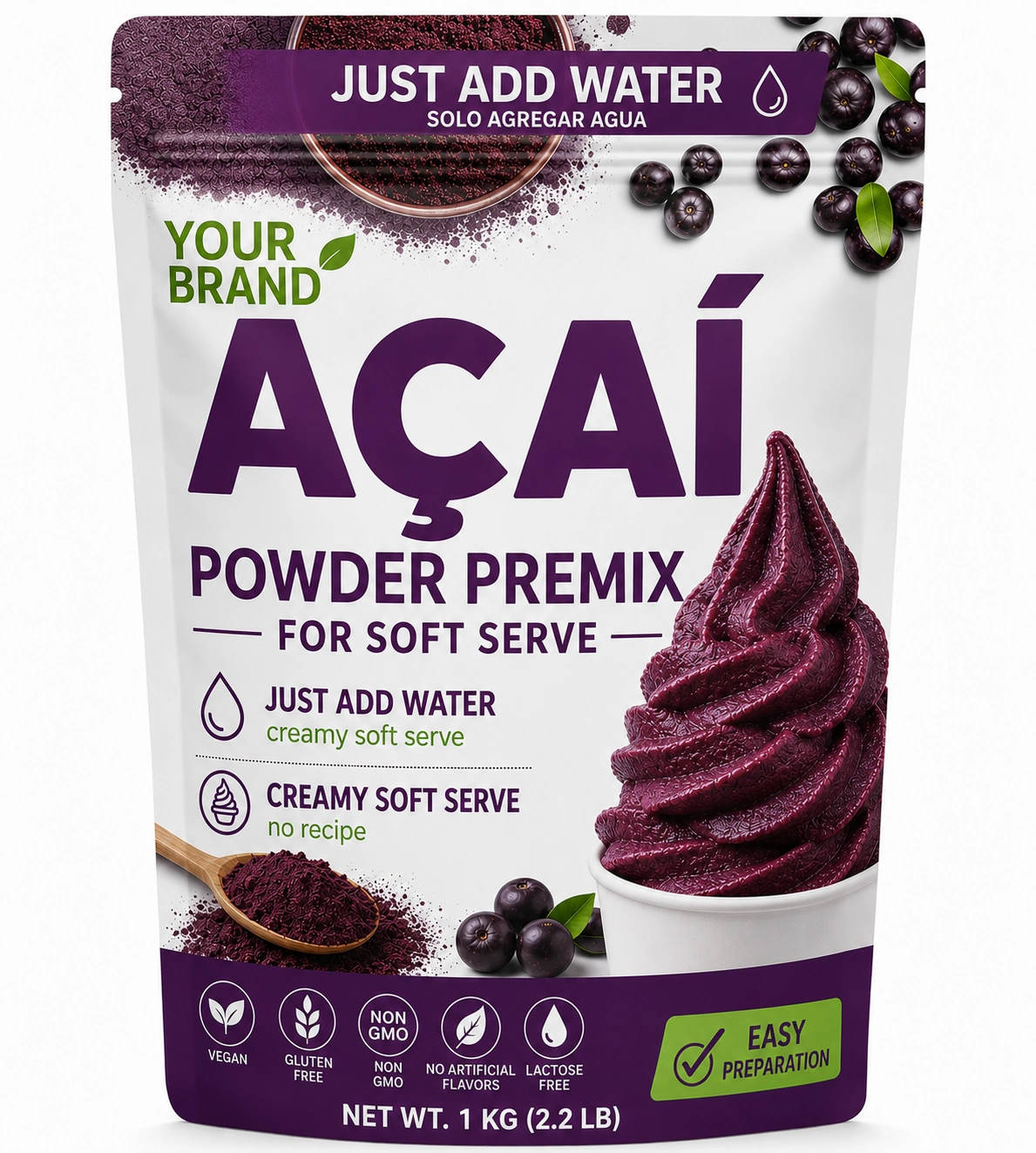 Acai powder premix for soft serve ice cream — açaí bowl made with FoodsMas acai powder premix