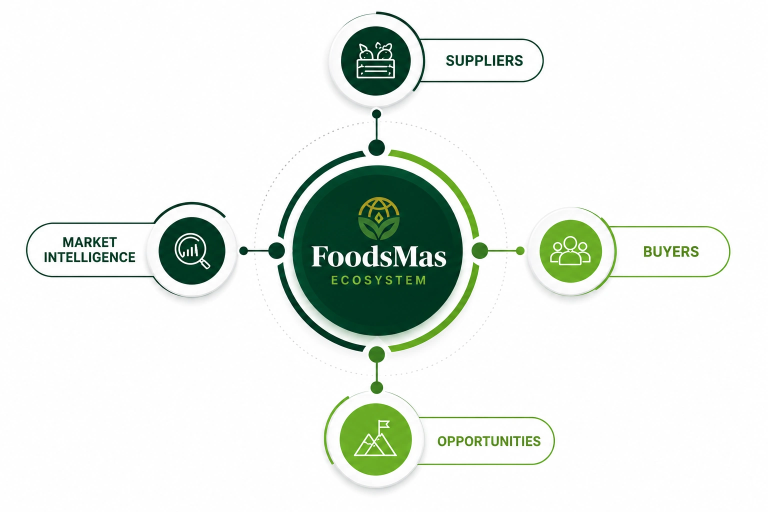 FoodsMas ecosystem — suppliers, buyers, opportunities and market intelligence connected
